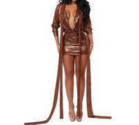 UPPJPBSW Women' Fashionable 2 PCS Satin Outfits Set,Lace Up Blouse Bodycon Mini Skirt, Sexy for Nightclub Party ,Brown,L