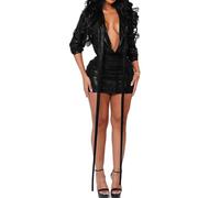 UPPJPBSW Women' Fashionable 2 PCS Satin Outfits Set,Lace Up Blouse Bodycon Mini Skirt, Sexy for Nightclub Party ,Black,S