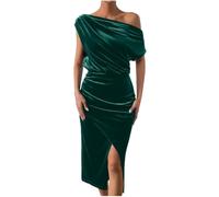 UPPJPBSW Women Off The Shoulder Elegant Ruched Velvet Formal Cocktail Dress Wedding Guest Party Midi Dresses,Green,XL