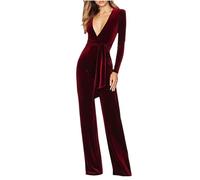 UPPJPBSW Women Sexy VLong Sleeve Dressy Belted Romper Wide Leg Pants Neck Velvet Jumpsuits Onesie One Piece Elegant Pantsuits,Red,S