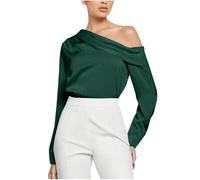 UPPJPBSW Women's Asymmetrical Off the Shoulder Office Shirts Satin Slik Work Blouse Dressy Long Sleeve Elegant Business Tops,Green,XL