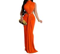 UPPJPBSW Women's Bodycon Dress,SleevelessTurtleneck,Split Ruched Ruffles, Sexy for Nightclub Party,Orange,S