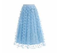 UPPJPBSW Women's Butterfly Applique Embroidery Maxi Skirt Elastic High Waist A-Line Party Mesh Tulle Skirts,Blue,M