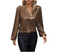 UPPJPBSW Women's Dressy Metallic Gloss Business Casual ShirtsTops Elegant Long Sleeve V Neck Sparkly Party Blouse,Gold,L