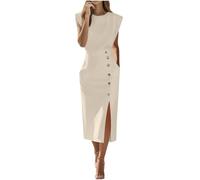 UPPJPBSW Women's Elegant Wedding Guest Sheath Dress Sleeveless Button Decor Side Slit, Work with Pockets,Beige,XL
