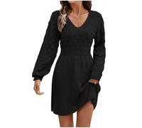 UPPJPBSW Women's High Waisted Lantern Sleeve Sweater Dress 2025 Fall Pullover Casual V Neck A-Line Knitted Dresses,Black,Large
