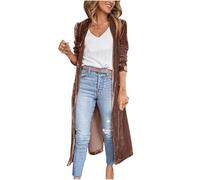 UPPJPBSW Women's Long Velvet Duster Jacket Trendy Velour Lapel Open Front Cardigan Vintage Outerwear Trench Coat,Brown,L