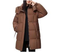 UPPJPBSW Women's Mid-Long Hooded Puffer Jacke,Casual Quilted Warm Winter Coat with Pockets for Cold Weather,Coffee,L