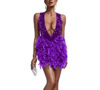UPPJPBSW Women's Party Evening Dress Sexy V Neck Mini Feather Patchwork Glitter Sequin Bodycon Cocktail Homecomming Dresses,Purple,M