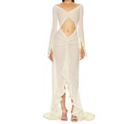 UPPJPBSW Women's Ruffle High Low Swing Maxi Dress Formal Wedding Party Gown Mop Dresses Long Sleeve Cut Out Front Flowy,White,L