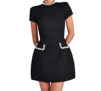 UPPJPBSW Women's Short Sleeve O Neck Pearls Mini Dress,Business Sexy Skirt for Nightclub Party Events,Black,M