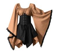 UPPJPBSW Women's Vintage Lace Up Bustier Dresses Corset Dress Bell Sleeve Off Shoulder Renaissance Costume Peasant,Black,L