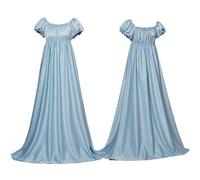 UPPJPBSW Women's Vintage Renaissance Satin Dress Empire Waist Puff Sleeve Maxi Gown for Party Ball,Light Blue,XXL