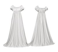 UPPJPBSW Women's Vintage Renaissance Satin Dress Empire Waist Puff Sleeve Maxi Gown for Party Ball,White,L