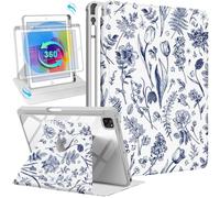 Uppuppy 360 Degree Rotating Folio Stand Case for iPad with Pencil Holder | for iPad Air 10.9"/11", iPad Pro 11", Auto Sleep/Wake, Blue Tulip Sketch Design for Women & Girls