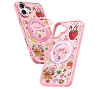 Uppuppy for iPhone 16 Plus Case with 360° Rotatable Magnetic Ring - Compatible with MagSafe, Semi-Transparent Soft-Touch Material Shockproof, Cute Pink Strawberry Design for Women Girl