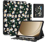 Uppuppy for Samsung Galaxy Tab A9 Plus Case 11'' - Women Girls Cute Embroidered Folio Stand Cover with Pencil Holder & Card Slot Girly Black Daisy Floral Design Aesthetic Cases for Samsung Tab A9 Plus