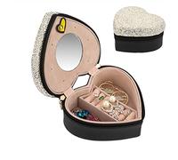 UPPWOO Bling Jewelry Organizer Heart Jewelry Storage Case Shining Box Earrings Holder for Women 2-Layer Travel Jewelry Tray Case with White Rhinestones Lid Mirror for Jewelry Rings Necklace Bracelets
