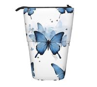 Upright Pencil Case, Telescopic Pencil Holder, Stationery Pencil Bag, Blue Butterfly On Blossom Flowers Printed Stand-Up Pen Pouch Holder, Colorful Pen Organizer For Students Boys And Girls