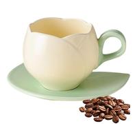 Uprodute Ceramic Tulip Coffee Cup with Sauce, Flower Shaped Cup, Green Handle and Leaf Tray (100ML)