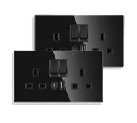 UPROZIL 2 Pack Black Double Switched Socket with USB A & Type C Charging Ports,13 Amp Wall Plug Socket with Crystal Black Glass Panel,Wall Outlet Electric Power Socket