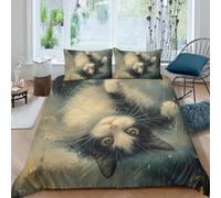 Upside Down Cat Moonlit Duvet Cover Set 3 Piece Set 3D Zipper Closure
