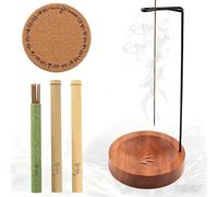 Upside Down Incense Holder, Wooden Round Base with 3 Tubes, Cork Pad