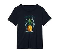 Upside Down Pineapple Express Tropical Retro Cool Vibes T-Shirt, Women's Plus, Black, 2X