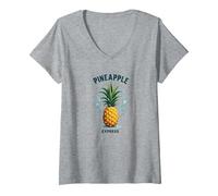 Upside Down Pineapple Express Tropical Retro Cool Vibes V-Neck T-Shirt, Women, Heather Grey, XXL