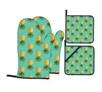 Upside Down Pines Tropical Oven Mitts and Pot Holders 4 Pcs Set,High Heat Resistant 500 Degree Extra Thicken Long Kitchen Cotton Oven Glove for Cooking