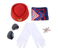 Upstore 5Pcs Airline Stewardess Costume Accessories Set Womens Flight Hat Sunglasses Scarf Gloves Brooches(red)
