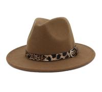 Upstore Womens Felt Panama Hat Classic Wide Brim Fedora Hat Cap with Leopard Belt Buckle (Khaki)