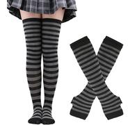 Upstore Womens Rainbow Stripe Knee Thigh High Socks Knit Arm Warmer Fingerless Gloves for Halloween Costume (Black Grey)