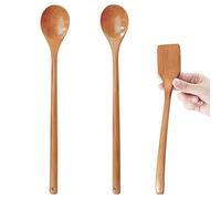 UPTALY 1 pcs Thin Wood Turner for Omelet (10'' x 1.8''), 2 pcs Long Handle Mixing Spoons (13'' x 2''), Natural Solid Wooden, no Glue, no Splicing, Small Fried Egg Spatula, Extended Stirring Spoon