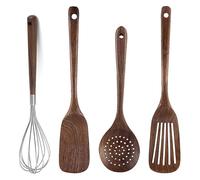 UPTALY 4 pcs Wooden Kitchen Utensils Set (C1), Natural Black Walnut Spoons, Thickened Ladle, Wood Slotted Spatula Turner, Extra Long Mixing Spoon, Scraper