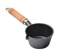 UPTALY 5.1 inch Mini Cast Iron Butter Warmers (8.8 oz), with Wood Handle, No Coating, Small Omelet Pans with Spout, Milk Pot, Portable Egg pan for Camping, Black Miniature Saucepan