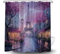 UPUMKSK Eiffel Tower Shower Curtain Romantic Purple Floral Paris Street French City European Architecture Landscape Oil Painting Chic Cityscape Bath Curtain with Hooks