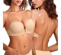 Upushall Backless Bra with Clear Straps and Back Plunge Padded Push Up Low Cut Underwire Bras for Women, Beige, 38DD