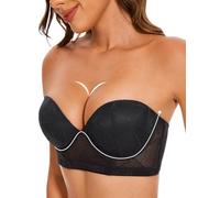 Upushall Longline Strapless Push Up Bras for Women Ultra Padded Uplift Multiway Lace Corset Bra with Underwire Support, Black, 38A