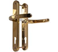 UPVC Door Handles - Polished Brass - Lever/Lever - 92mm PZ (Centres) - 210mm Screw to Screw - Backplate 242mm X 34mm - UPVC Door Handle - External Door Handle - Polished Brass Replacement Handles