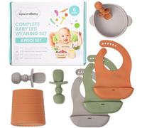 Upward Baby Weaning Essentials Set - Suction Baby Led Weaning Plate and Baby Bowl with Silicone Baby Bibs, Spoons and Cup - Baby Feeding Set for Toddlers and Kids - First Stage Utensils 6-12 Months