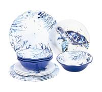 UPware 12 Piece Indigo Sea Life Melamine Dinnerware Sets, Outdoor Dishes Set, Plates and Bowls Sets, Service for 4, Blue