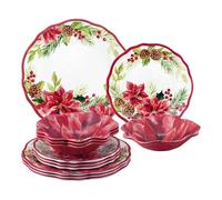 UPware 12 Piece Poinsettias Melamine Dinnerware Sets, Outdoor Dishes Set, Plates and Bowls Sets, Christmas Decorations, Service for 4, Red
