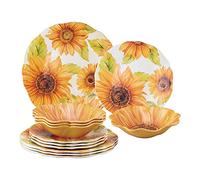 UPware 12 Piece Sunflower Melamine Dinnerware Sets, Outdoor Dishes Set, Plates and Bowls Sets, Service for 4, Yellow
