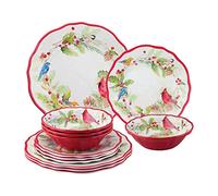 UPware 12 Piece Winter Birds Melamine Dinnerware Sets, Outdoor Dishes Set, Plates and Bowls Sets, Christmas Decorations, Service for 4, Red