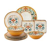 UPware 16 Piece Tuscany Melamine Dinnerware Sets, Outdoor Dishes Set, Plates and Bowls Sets, Service for 4, Multicolor