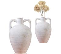 UPWOIGH 11.8in Tall Double Handle Ceramic Vase, Antique White Pottery Jug with Beige Speckles Distressed Finish, Rustic Mediterranean Farmhouse Table or Mantel Decor, 1Pack
