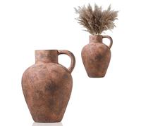 UPWOIGH 12in Tall Vintage Single Handle Terracotta Vase, Rustic Brown Ceramic Pottery Jug with Distressed Black Markings, Mediterranean Farmhouse Table or Mantel Decor, Antique Gift 1Pack