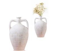 UPWOIGH 13.8in Tall Double Handle Ceramic Vase, Antique White Pottery Jug with Beige Speckles Distressed Finish, Mediterranean Rustic Farmhouse Living Room Table Decor, Ideal Gift 1Pack