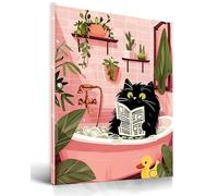 UPWOIGH Bathroom Wall Art Decor, Black Cat Reading the Newspaper Wall Art, Waterproof Wood Framed Canvas Wall Art Animals Abstract Prints, 12"x16" High-end Pictures for Dormitory Kids Room